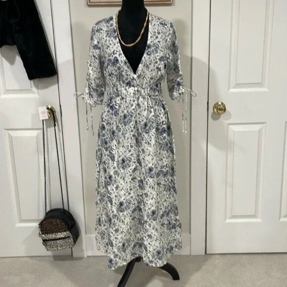 Palm Noosa Linen Midi Dress Blue Floral - Picture 1 of 6